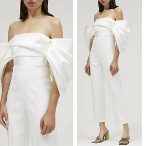 SOLACE LONDON Kasey Off the Shoulder Puff Sleeve White Jumpsuit Size 4